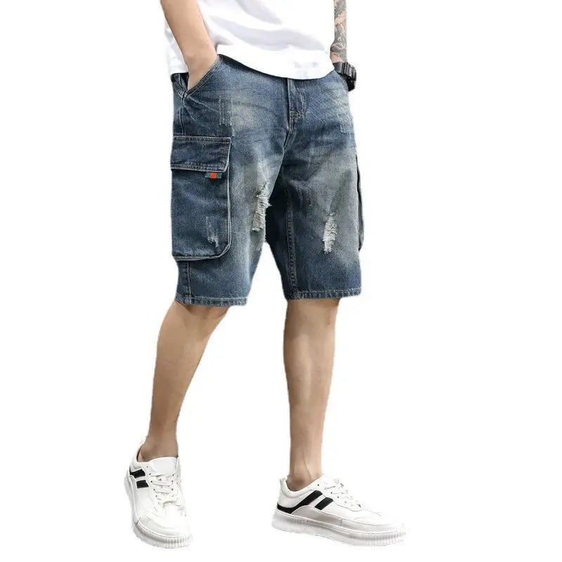 Denim Mid-Length Cargo Shorts for Men Retro Korean Style
