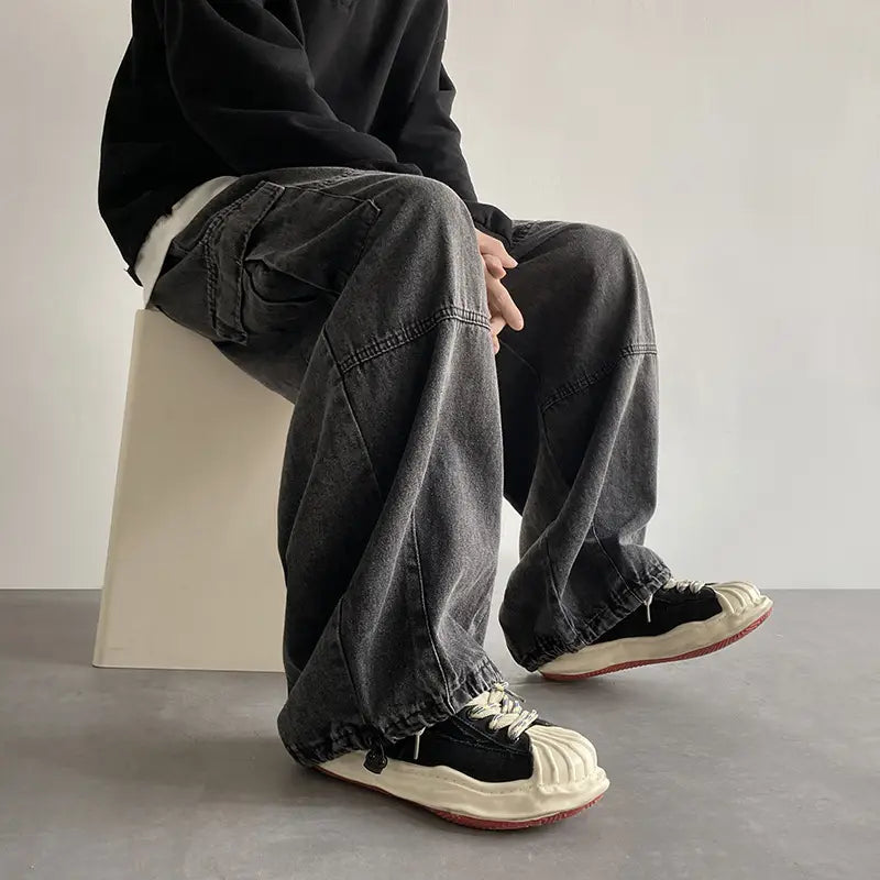 Men Blue Cargo Pants Wide Leg Spring Autumn Loose Fit