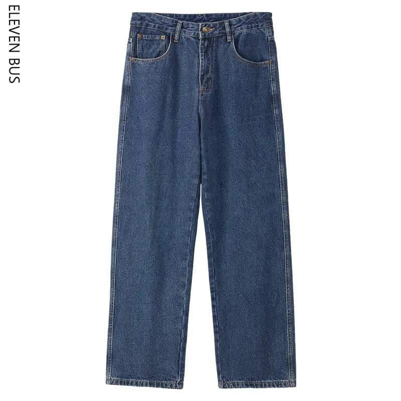 New Dark Blue American Retro Washed Jeans Men's Straight Wide-Leg