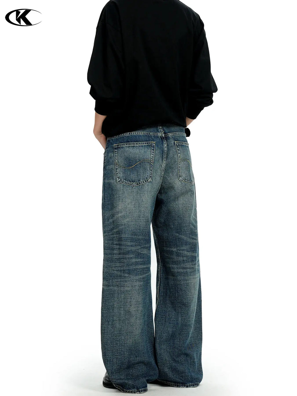 11Kn American Retro Dark Blue Jeans for Men Women Wide Leg Casual Pants
