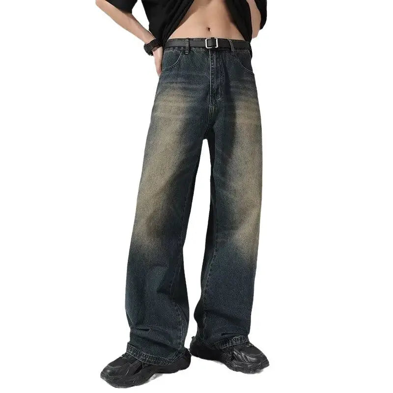 Men Vintage Washed Jeans Dark Blue Straight Fit