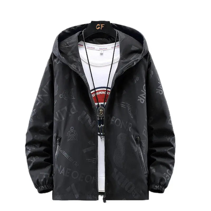 Men's Black Hooded Jacket with Print & Zip Front