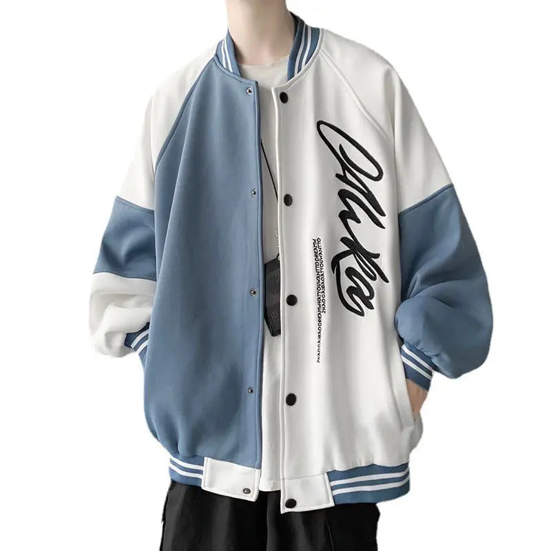 Men's Blue White Baseball Jacket with "Sense" Print