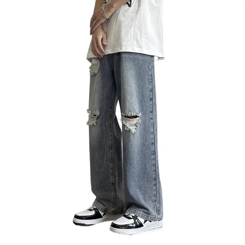 Men's Wide Leg Ripped Denim Jeans Summer Casual Pants