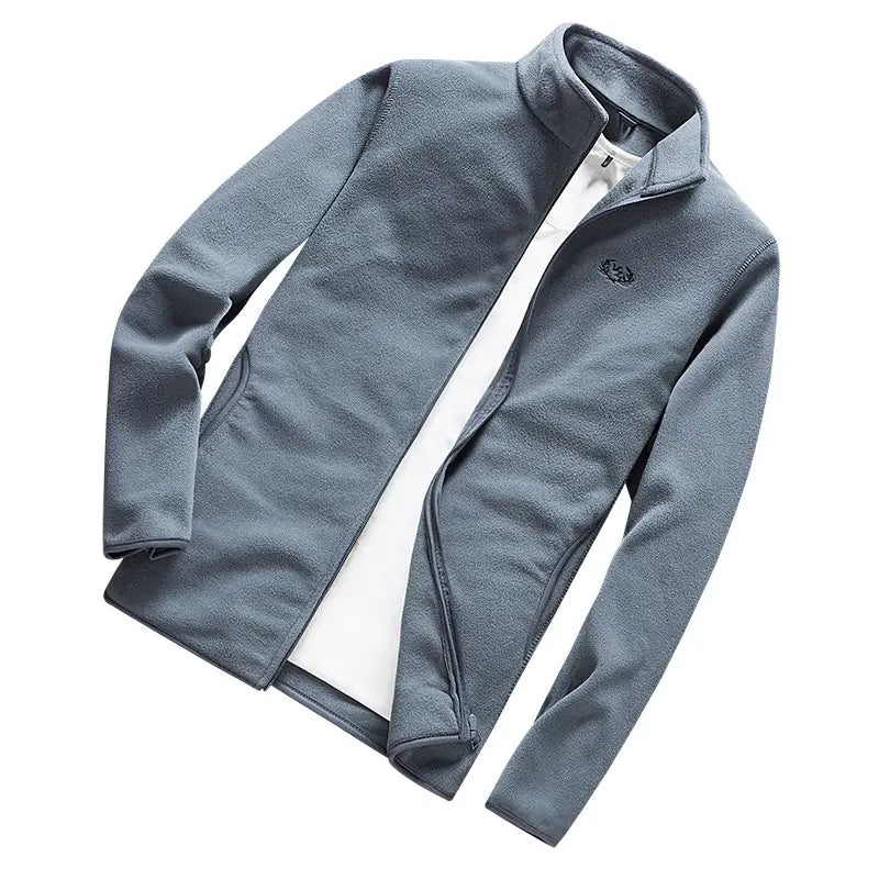 Men's Olive Green Fleece Zipper Jacket with Vertical Collar