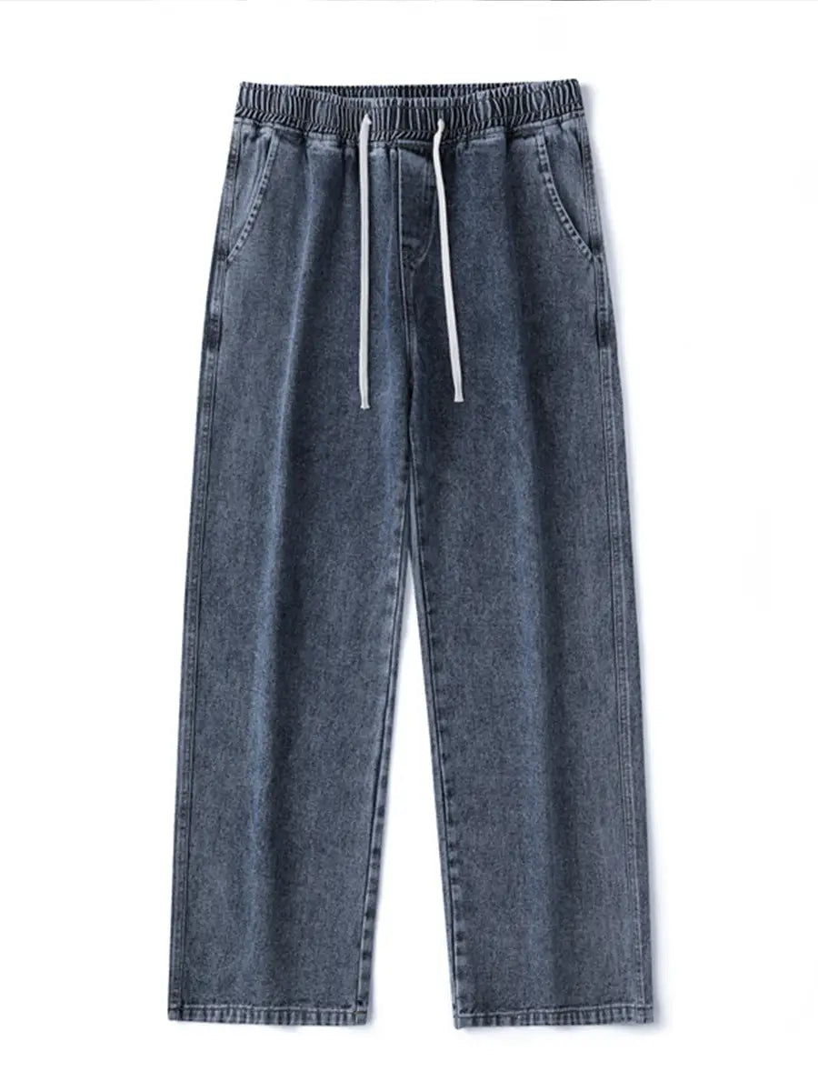 Muqiu Men Fleece-Lined Wide Leg Jeans Blue Grey Washed