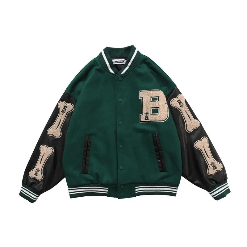 Men's Green Bone Print Baseball Jacket with White Underlayer