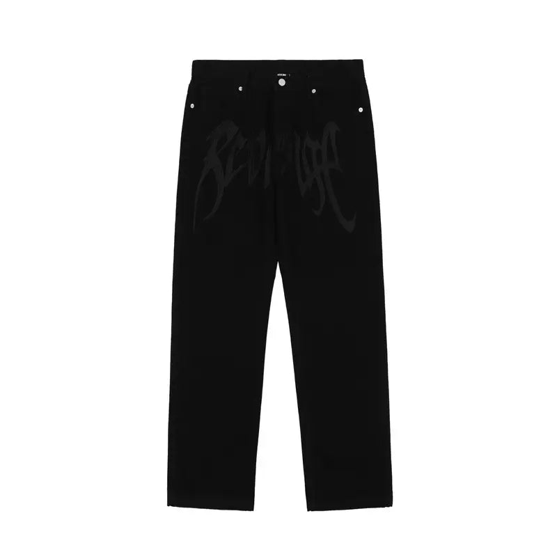 Black Embroidered High Waist Jeans Men Women