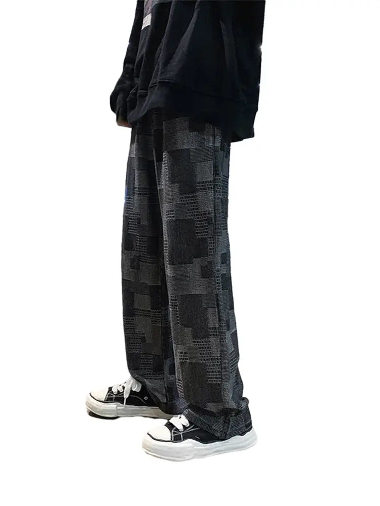 Men's Loose Square Patterned Wide Leg Jeans Spring