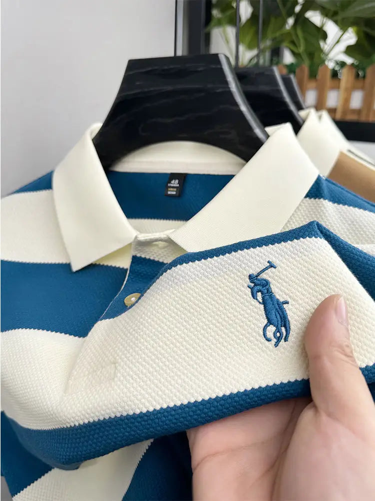 Men's Blue White Striped Polo T-Shirt Short Sleeve