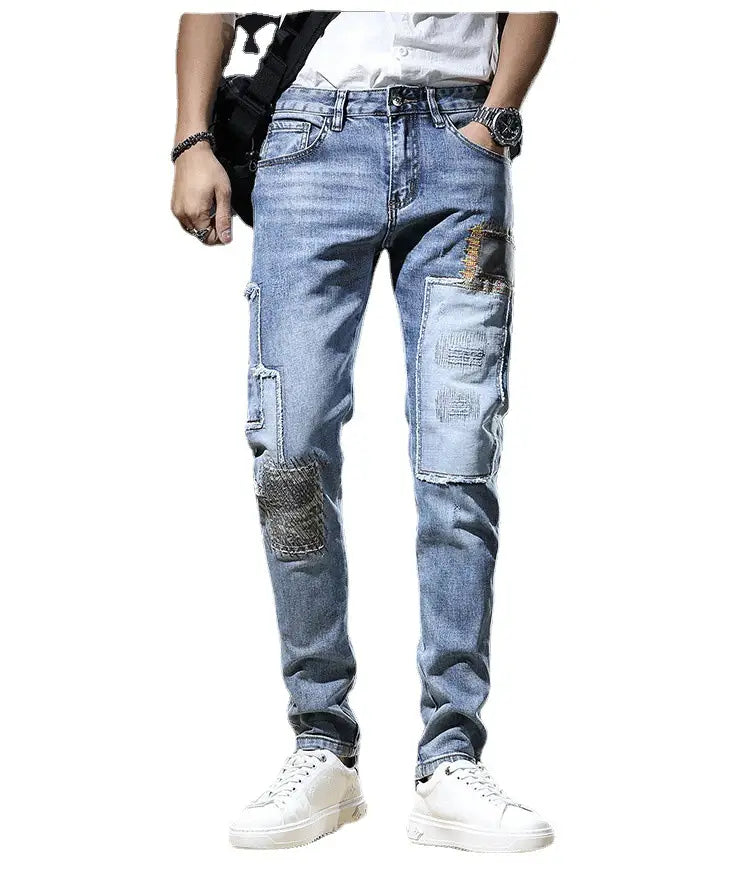Men Patch Ripped Skinny Jeans Korean Style Spring Autumn