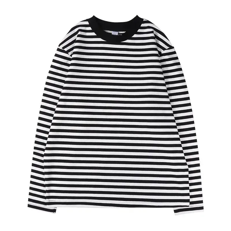 Black White Striped Long Sleeve T-Shirt Round Neck