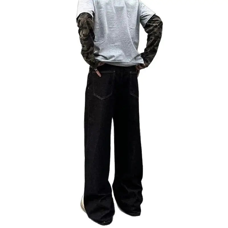 American Style Wide Leg Jeans Dark Blue Unisex Casual