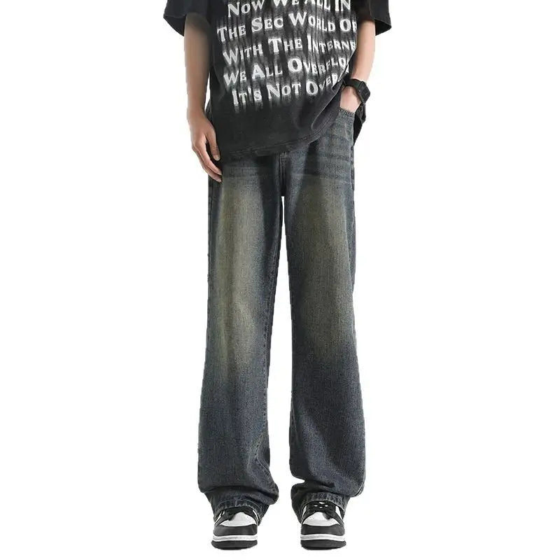 Men Wide Leg Washed Jeans Dark Blue Summer
