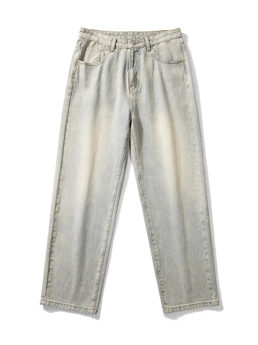 Men Washed Vintage Blue Straight Leg Jeans