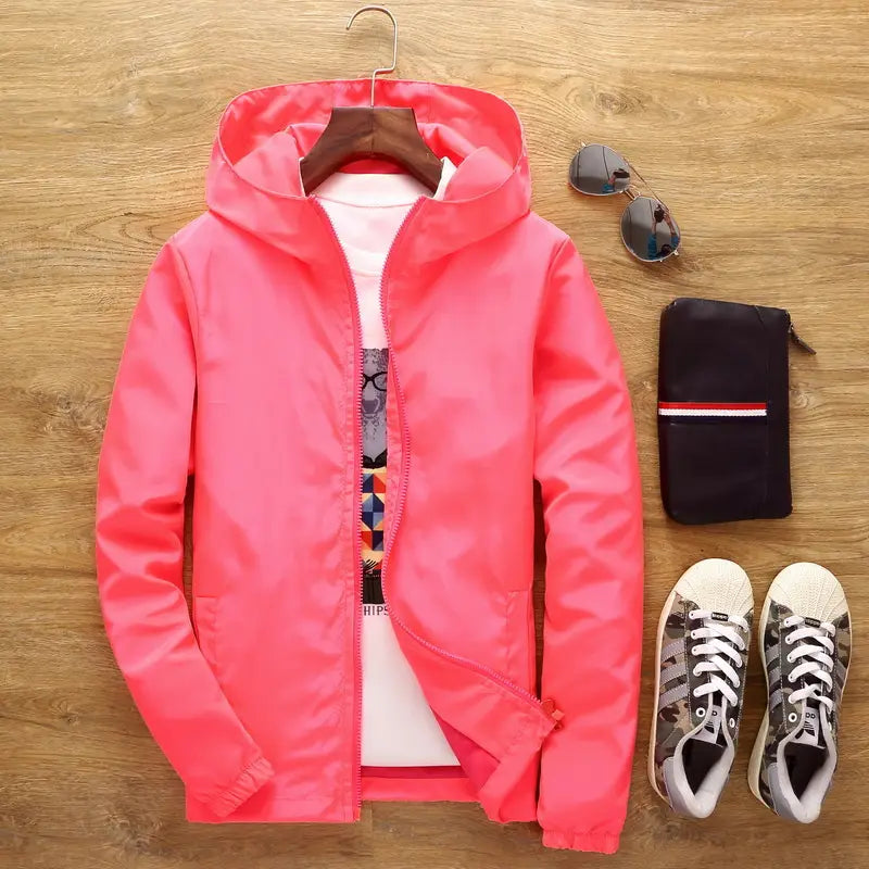 Men's Grey Hooded Windbreaker Jacket with Print