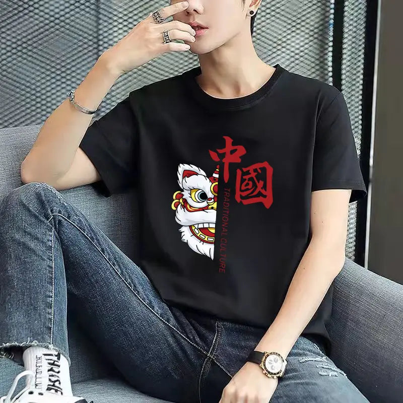 Men Yellow Loose Sleeve T-Shirt Round Neck