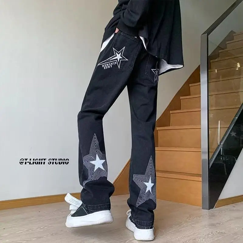 Men's White 5-Pin Star Jeans High Street Wide Leg Pants