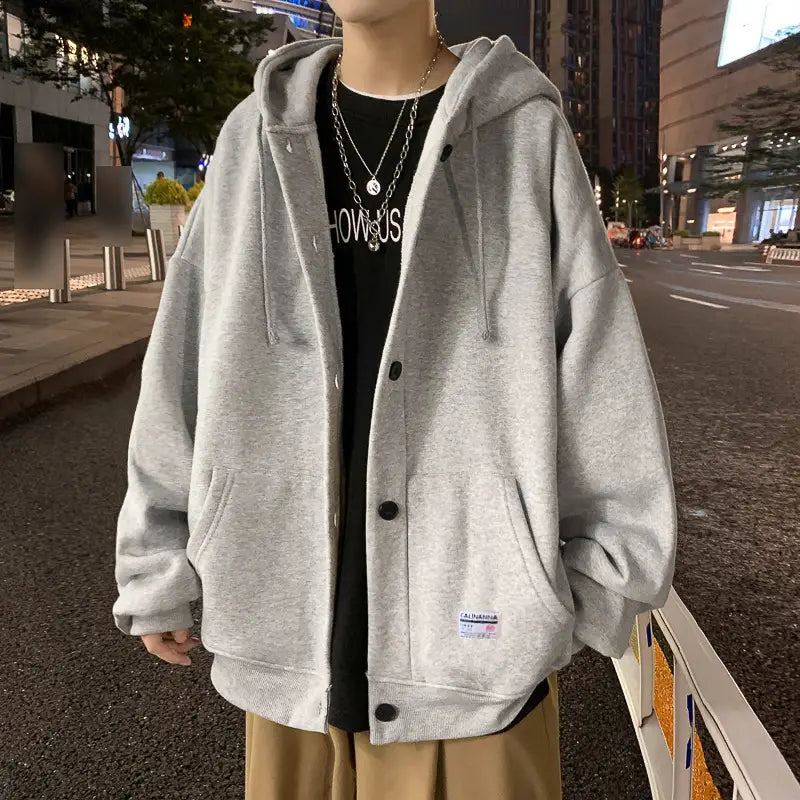 Men Grey Hooded Sweatshirt Long Sleeve Polar Fleece