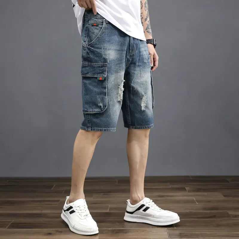 Denim Mid-Length Cargo Shorts for Men Retro Korean Style