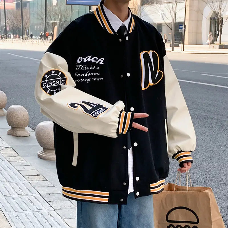 Men's Black & White Spliced Baseball Jacket American Retro Style