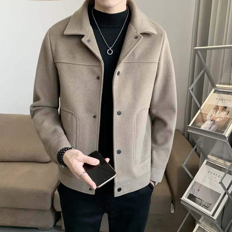 Men's Woolen Slim Fit Jacket Winter Coat Beige