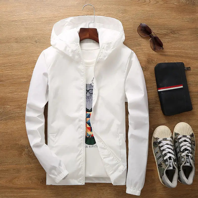 Men's Grey Hooded Windbreaker Jacket with Print