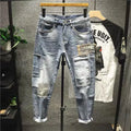 Men Patch Ripped Skinny Jeans Korean Style Spring Autumn