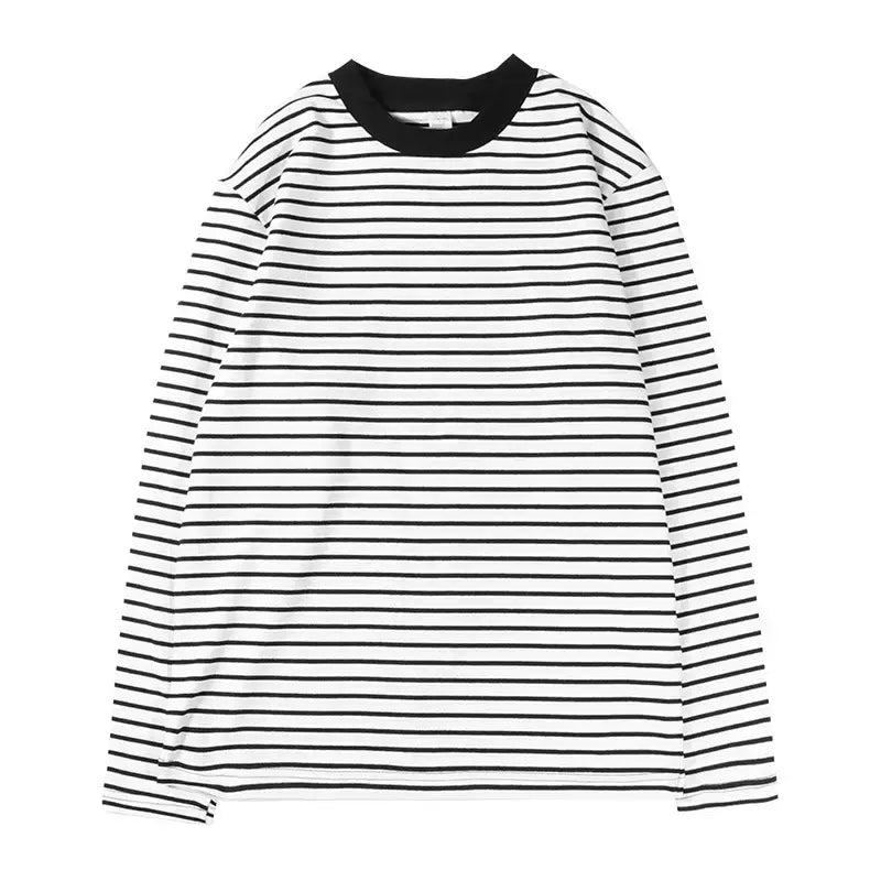 Black White Striped Long Sleeve T-Shirt Round Neck