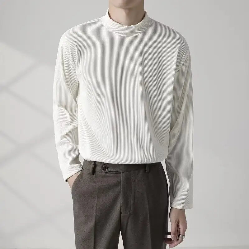 Men's White Long Sleeve Half Collar T-Shirt