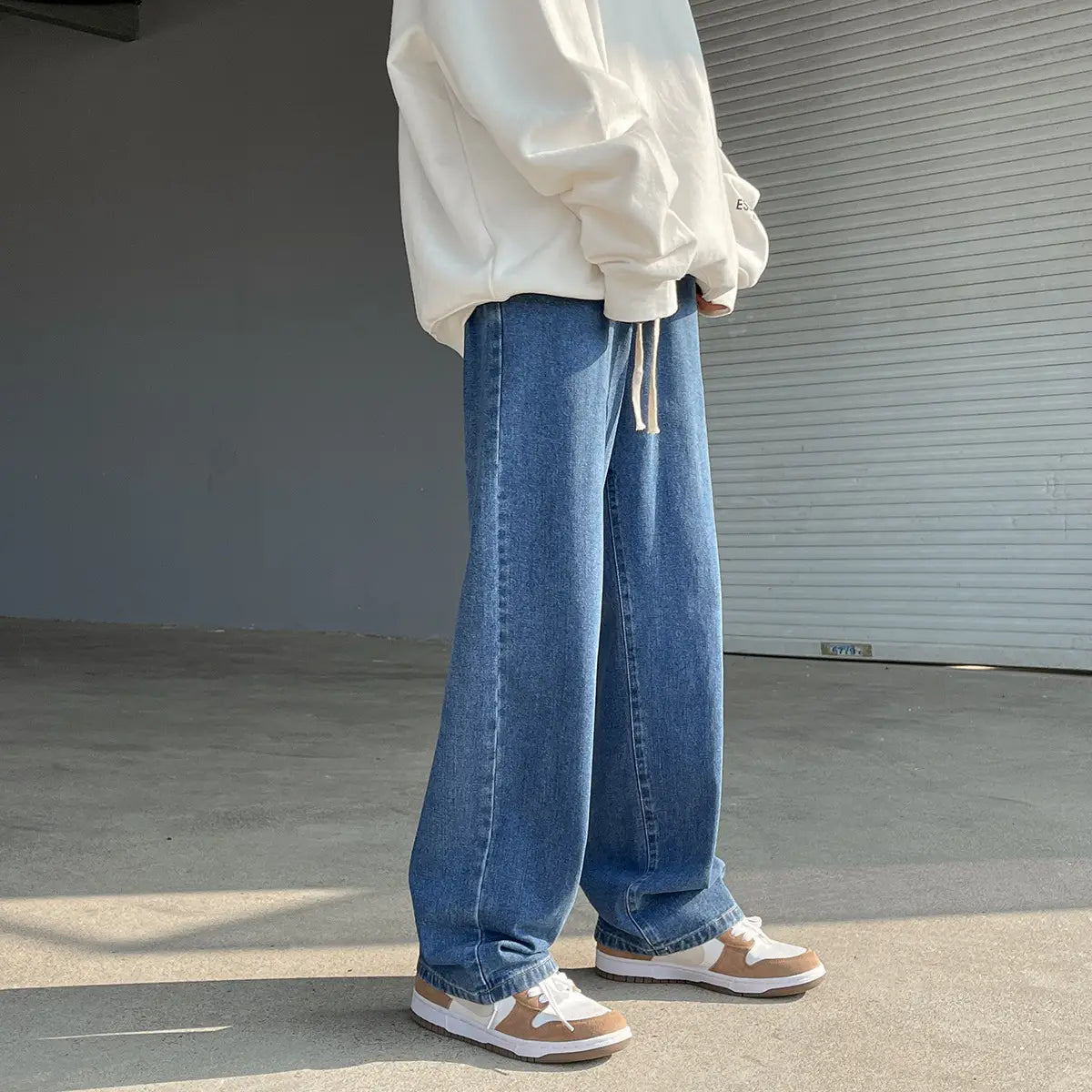 Men's Elastic Waist Jeans Vintage Washed Loose Straight Leg