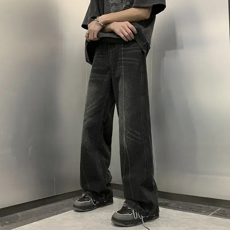Men's Black Straight Cut Denim Pants Spring Loose Fashion