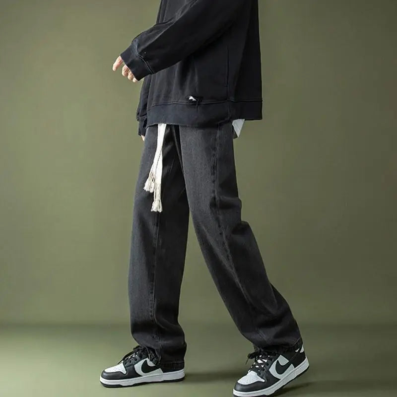 Men Braided Drawstring Jeans Wide Leg Trousers Blue