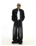 Men Vintage Washed Jeans Dark Blue Straight Fit