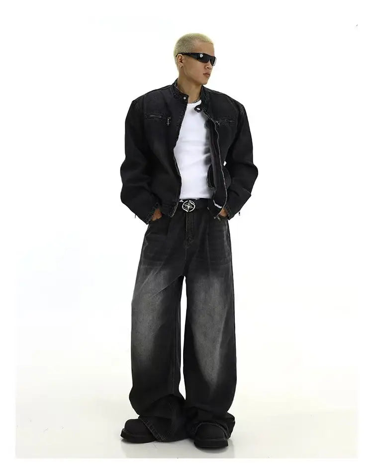 Men Vintage Washed Jeans Dark Blue Straight Fit