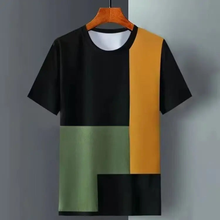 Men Ice Silk T-Shirt Black Green Orange Striped