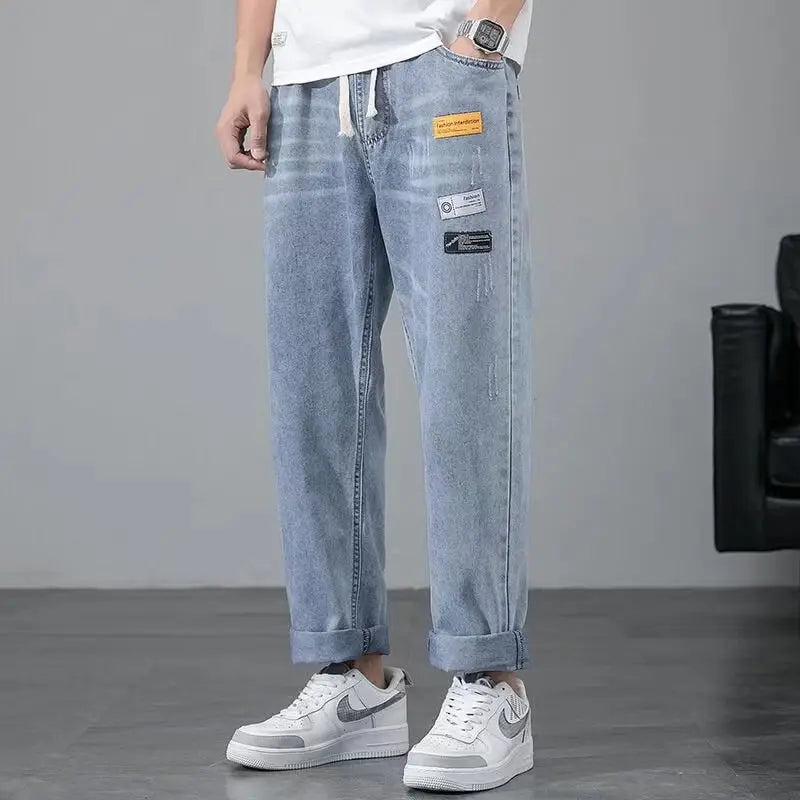 Men's Korean Style Light Blue Cropped Jeans
