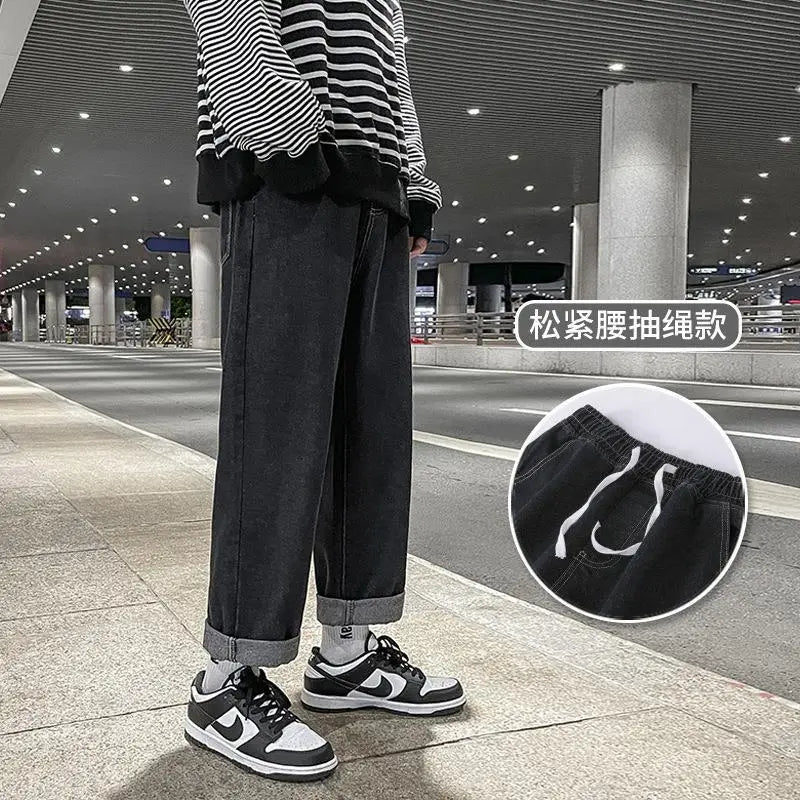 Men's Loose Straight Denim Jeans Elastic Waist Wide Leg