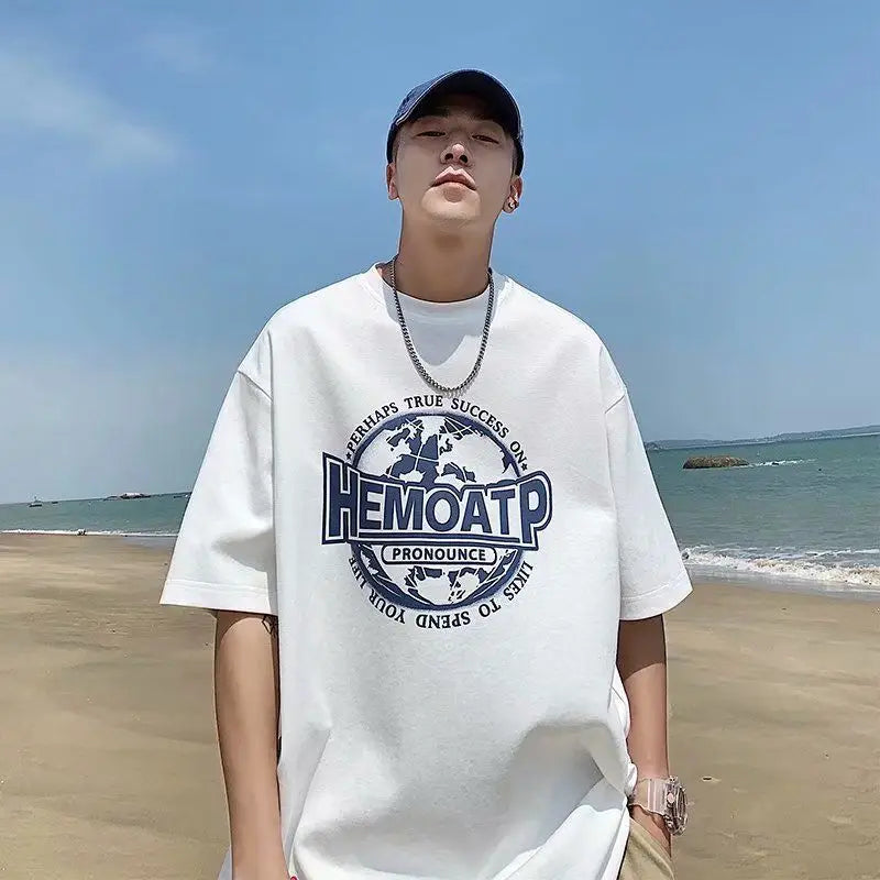 Men's Black Hong Kong Style T-Shirt Loose Fit Summer