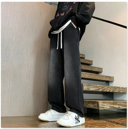 Men Retro Straight Leg Pants Black Wide Leg Casual