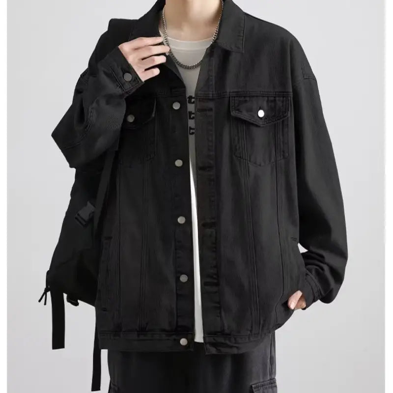 Men Korean Style Dark Denim Jacket Casual Work Top