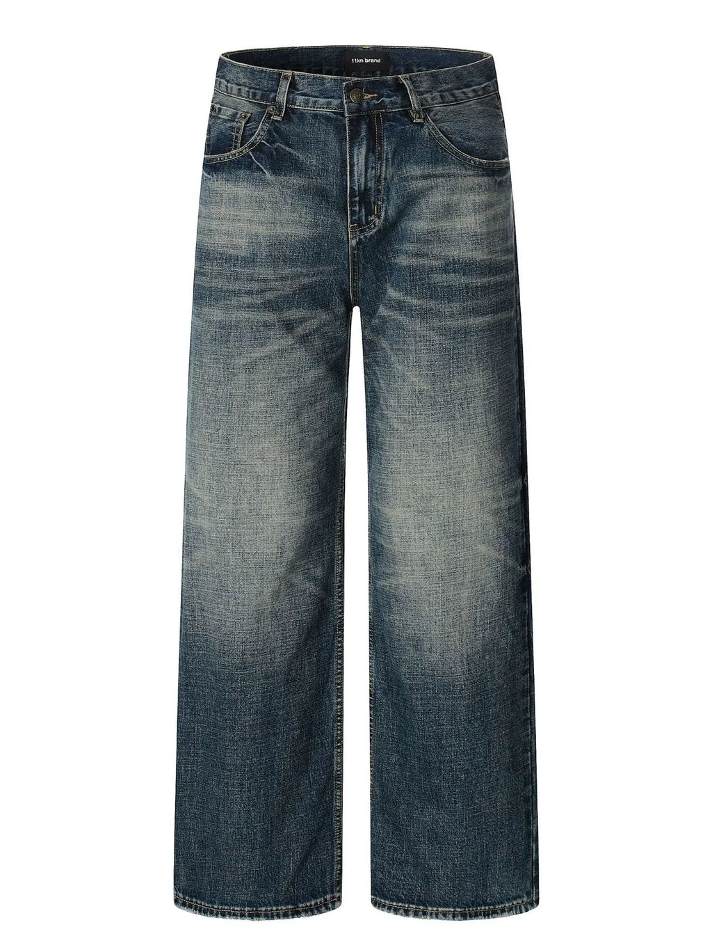 11Kn American Retro Dark Blue Jeans for Men Women Wide Leg Casual Pants