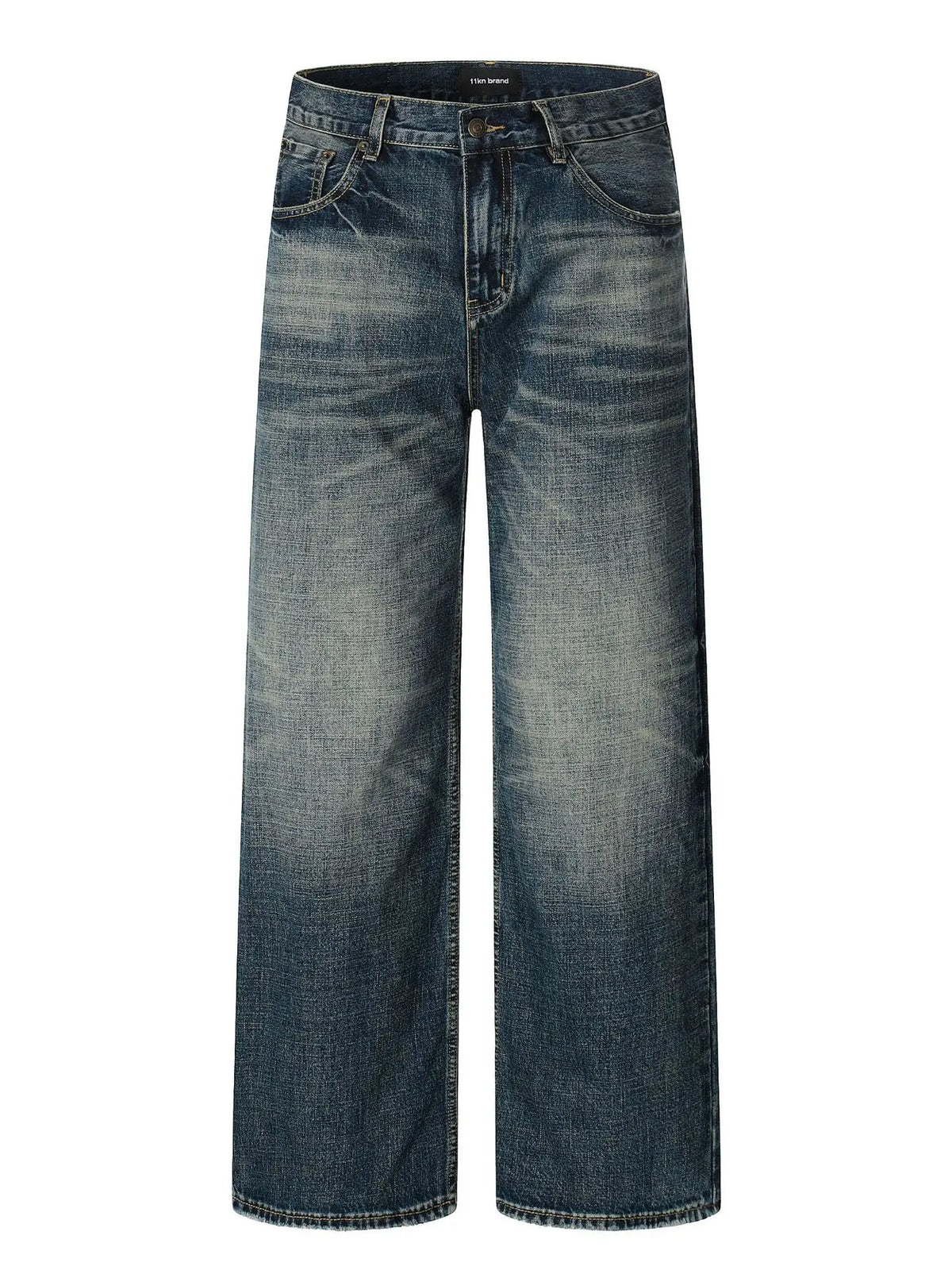 11Kn American Retro Dark Blue Jeans for Men Women Wide Leg Casual Pants