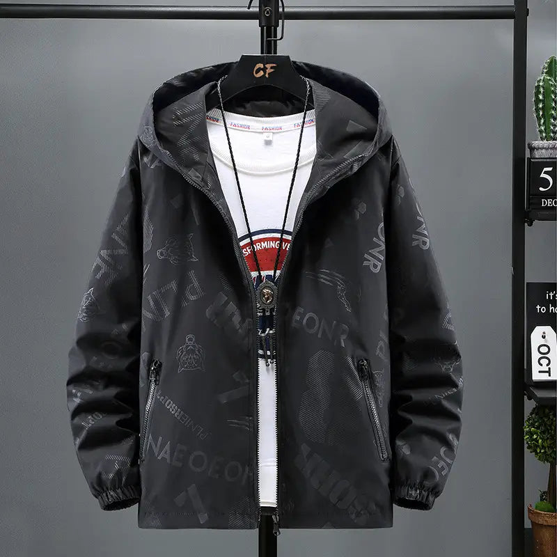 Men's Black Hooded Jacket with Print & Zip Front