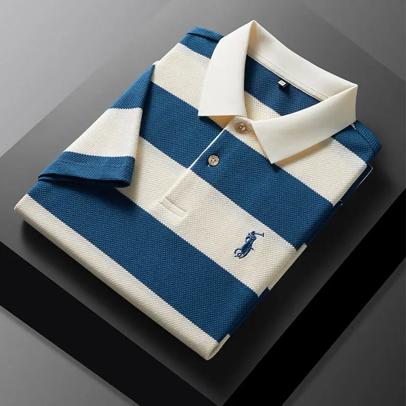 Men's Blue White Striped Polo T-Shirt Short Sleeve