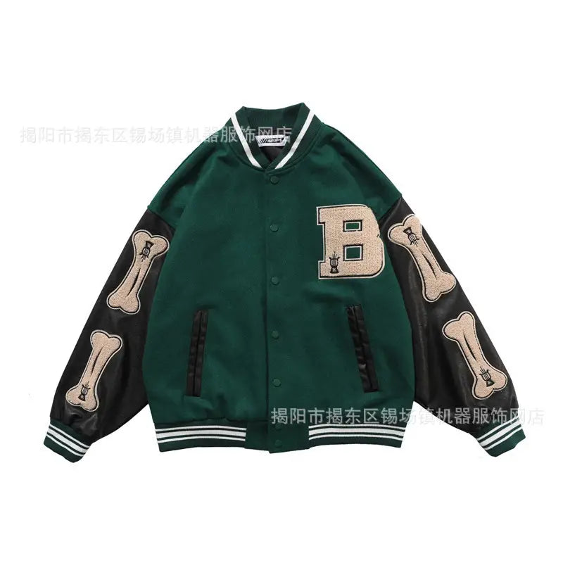 Men's Green Bone Print Baseball Jacket with White Underlayer