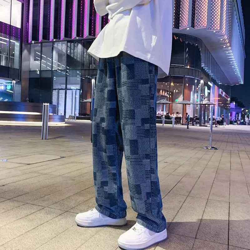 Men's Loose Square Patterned Wide Leg Jeans Spring