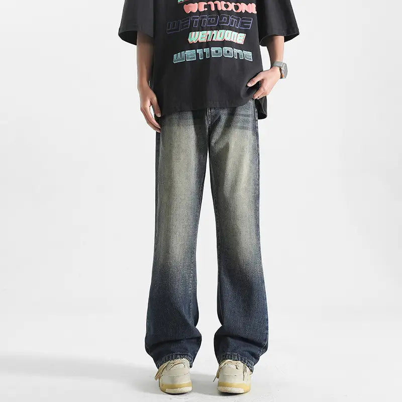 Men Wide Leg Washed Jeans Dark Blue Summer