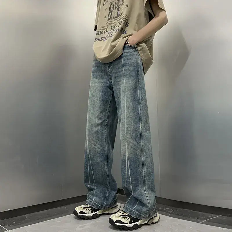 Men's Black Straight Cut Denim Pants Spring Loose Fashion