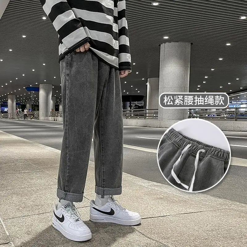 Men's Loose Straight Denim Jeans Elastic Waist Wide Leg
